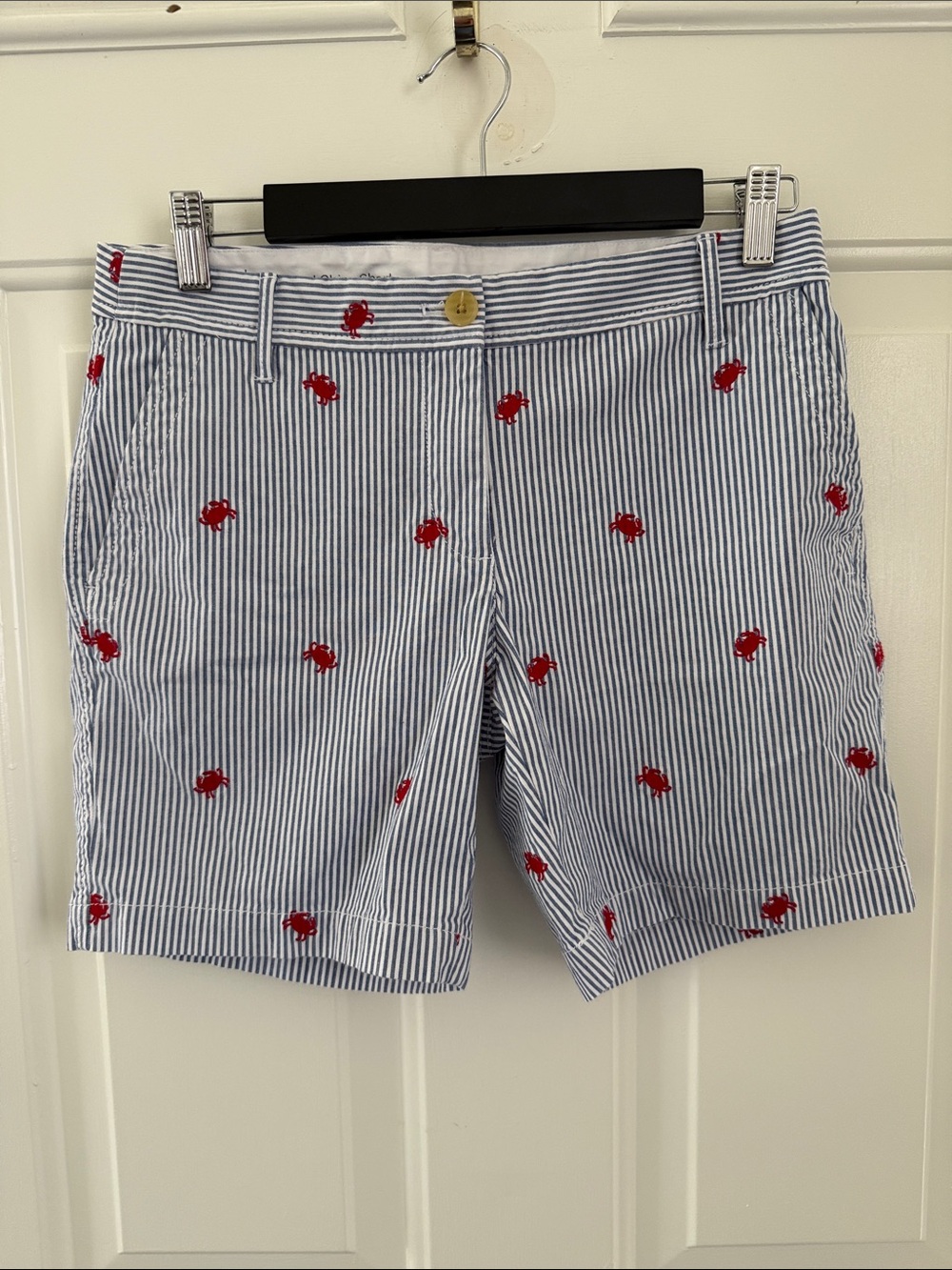 Talbots Blue & White Striped Girlfriend Chino Shorts Red Crab Embroidery